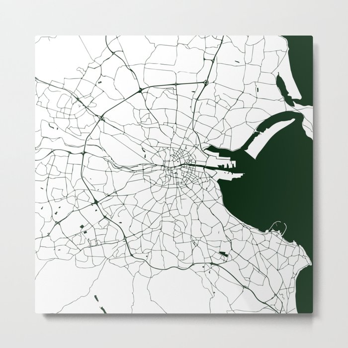 White on Dark Green Dublin Street Map Metal Print