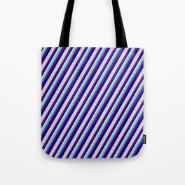 [ Thumbnail: Turquoise, Purple, Blue, and Light Grey Colored Striped/Lined Pattern Tote Bag ]