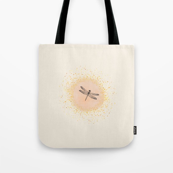 Sketched Dragonfly and Gold Circle Frame on Cream Off-White Tote Bag
