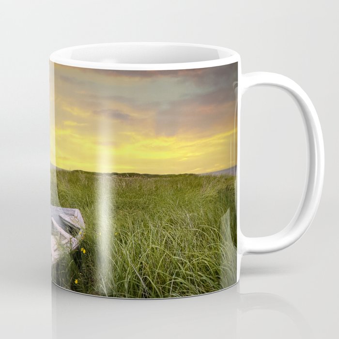 Stranded Row Boat in the Beach Grass at Sunrise on the shore on Prince Edward Island Coffee Mug