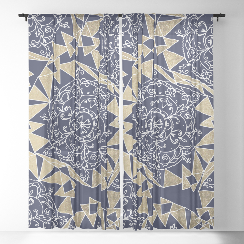Abstract Geometric Navy Blue White Gold Foil Floral Mandala Sheer Window Curtains by pink_water