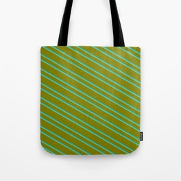 [ Thumbnail: Green, Light Sea Green, and Aquamarine Colored Striped Pattern Tote Bag ]