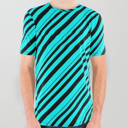 [ Thumbnail: Black and Cyan Colored Stripes Pattern All Over Graphic Tee ]