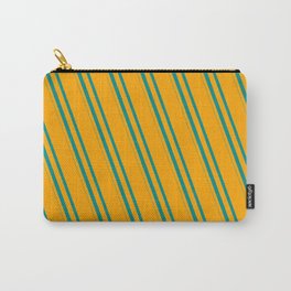 [ Thumbnail: Orange and Dark Cyan Colored Striped/Lined Pattern Carry-All Pouch ]