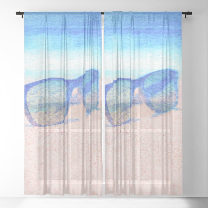 beach glasses blue and peach impressionism painted realistic still life Sheer Curtain