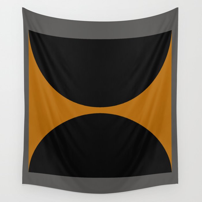 Black and Gray Gradient with Gold Squares and Half Circles Digital Illustration - Artwork Wall Tapestry