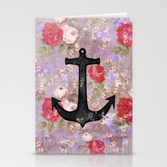 Vintage Nautical Anchor Purple Pink Floral Pattern Stationery Cards