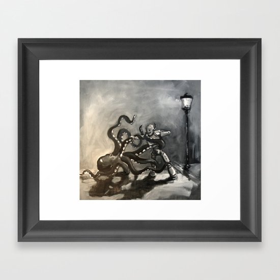 Octopus Wrestling with a Robot Framed Art Print
