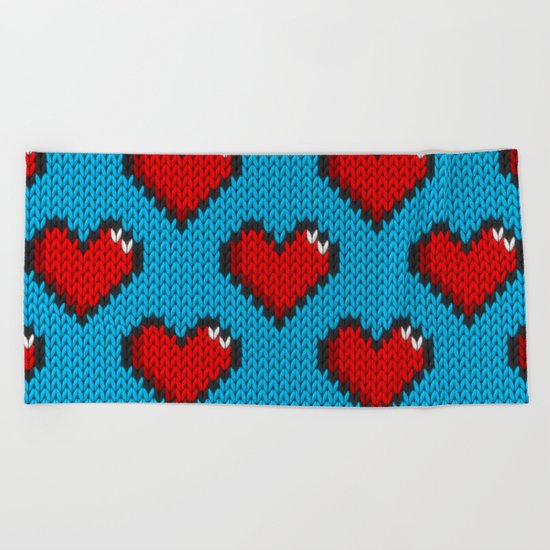 Knitted heart pattern - blue Beach Towel