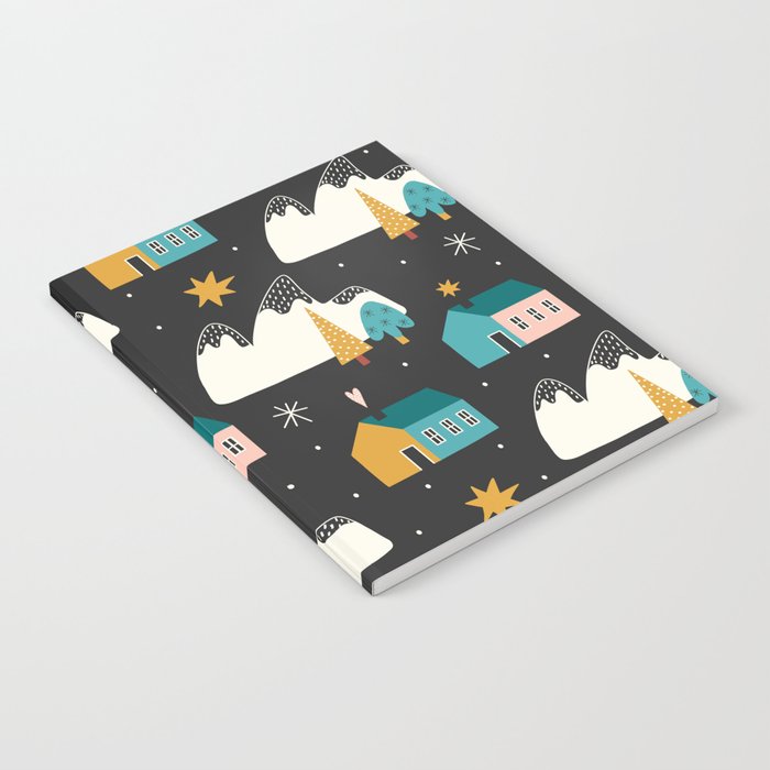 Winter Houses Christmas Pattern Mountains, Tree, Mountains Notebook