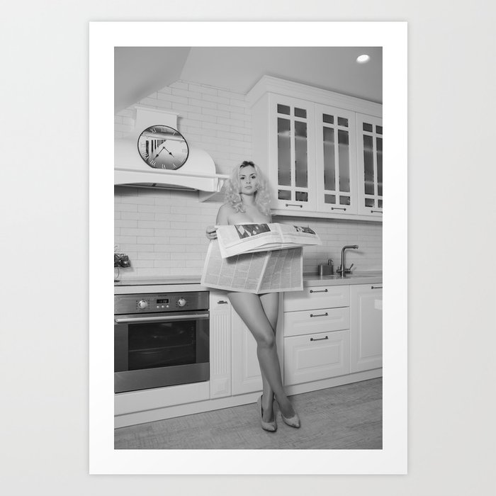 The daily news; blonde nude in kitchen reading mornings newspaper funny humorous black and white photograph - photography - photographs Art Print