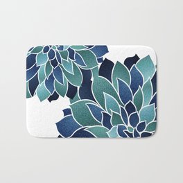 Festive, Floral Prints, Navy Blue and Teal on White Bath Mat