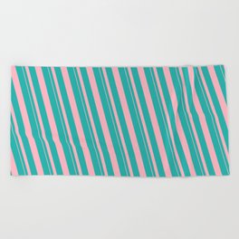 [ Thumbnail: Light Sea Green and Light Pink Colored Striped/Lined Pattern Beach Towel ]