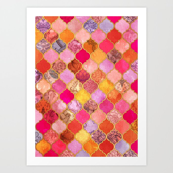 Hot Pink, Gold, Tangerine & Taupe Decorative Moroccan Tile Pattern Art Print