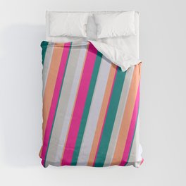 [ Thumbnail: Deep Pink, Teal, Light Grey, Lavender, and Light Salmon Colored Lined Pattern Duvet Cover ]
