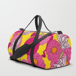 Retro Pink Mum Flowers Mid-Century Modern Floral Yellow Duffle Bag