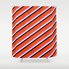 [ Thumbnail: Eyecatching Red, Orchid, White, Black, and Midnight Blue Colored Striped/Lined Pattern Shower Curtain ]