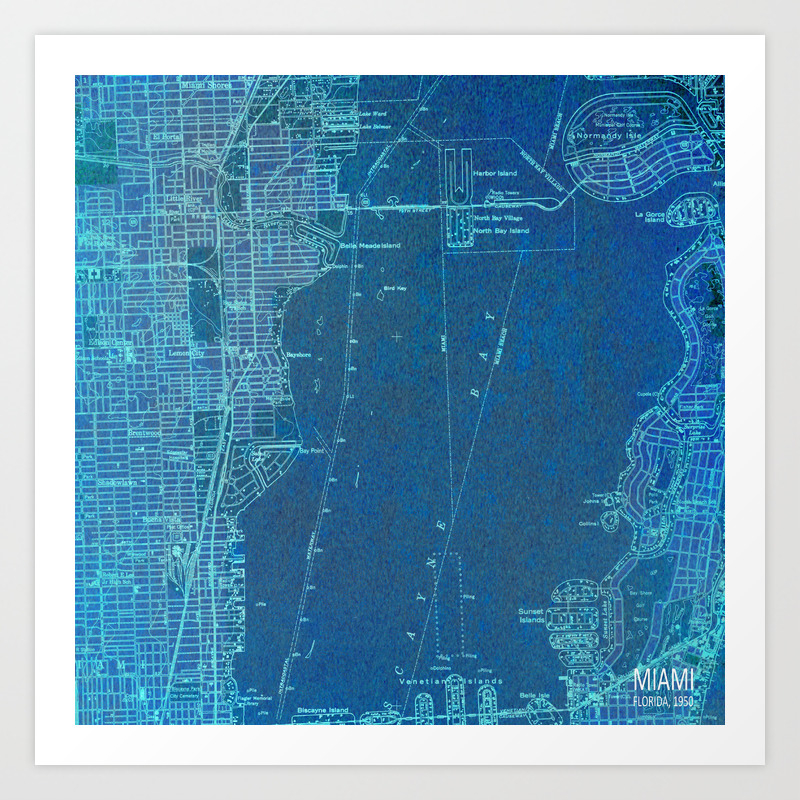 Miami Florida Vintage Map Year 1950 Blue Usa Maps Art Print
