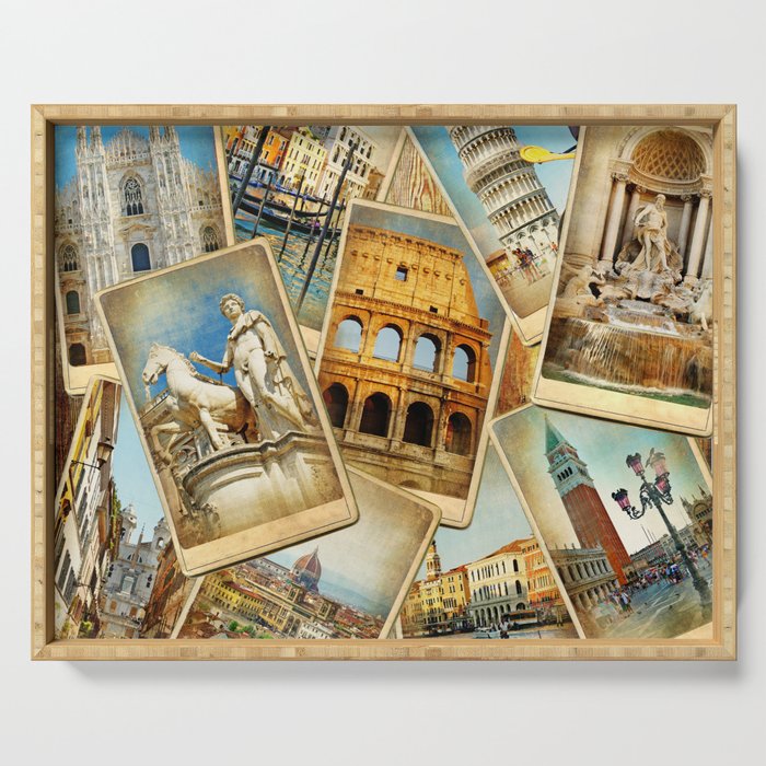 Travel in Italy -vintage photo album collage photos. Travel concepts background Serving Tray