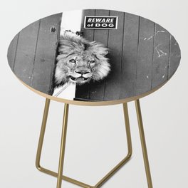 Beware of Dog black and white photograph of attack lion humorous black and white photography Side Table