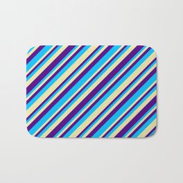 [ Thumbnail: Pale Goldenrod, Indigo & Deep Sky Blue Colored Stripes/Lines Pattern Bath Mat ]