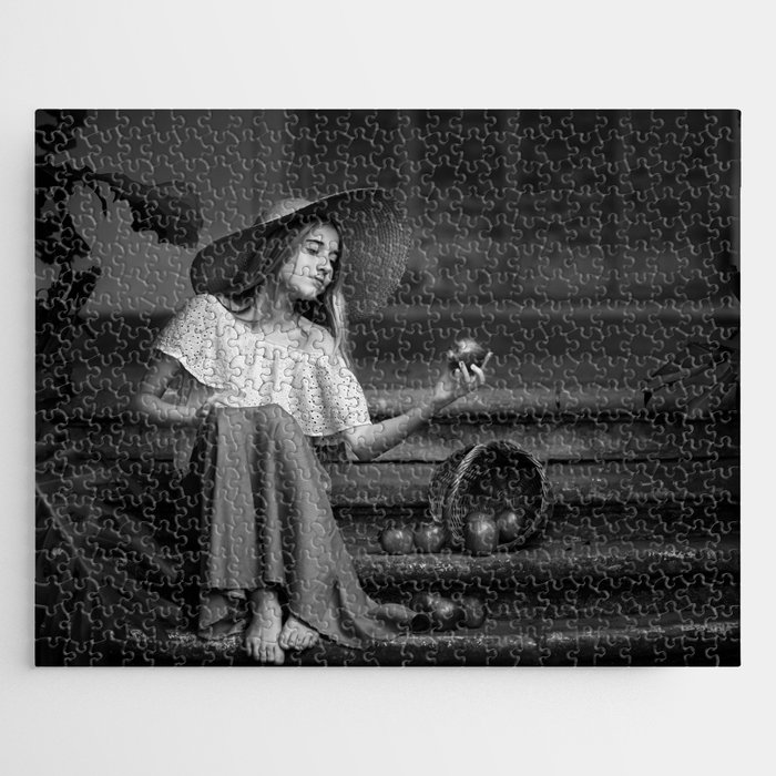 Here, There, and Everywhere; Girl with a hat and an apple; serene summer portrait black and white photograph - photography - photographs Jigsaw Puzzle