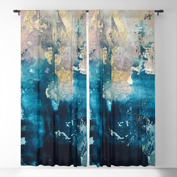 Timeless: A gorgeous, abstract mixed media piece in blue, pink, and gold by Alyssa Hamilton Art Blackout Curtain