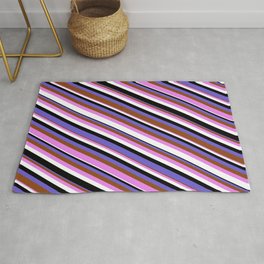 [ Thumbnail: Eye-catching Slate Blue, Brown, Violet, White & Black Colored Pattern of Stripes Rug ]
