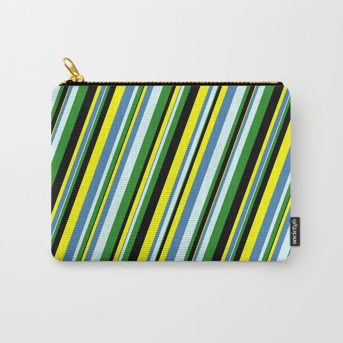 Yellow, Blue, Light Cyan, Forest Green, and Black Colored Stripes Pattern Carry-All Pouch