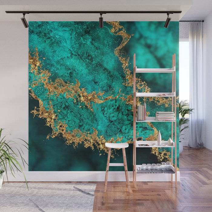 Emerald Jade Gold Splatter Abstract Wall Mural