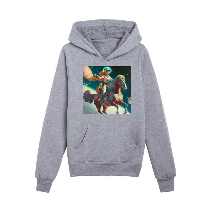 Retro Redhead Space Cowgirl on Horse Kids Pullover Hoodie