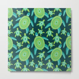 Seamless pattern with green ornament turtles. Sea reptile animal illustration background.  Metal Print