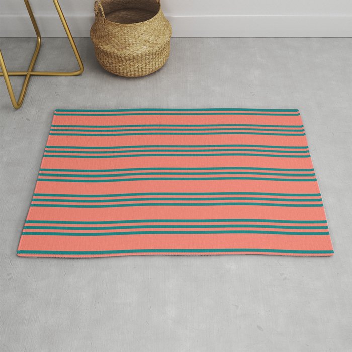 Salmon and Teal Colored Striped/Lined Pattern Rug