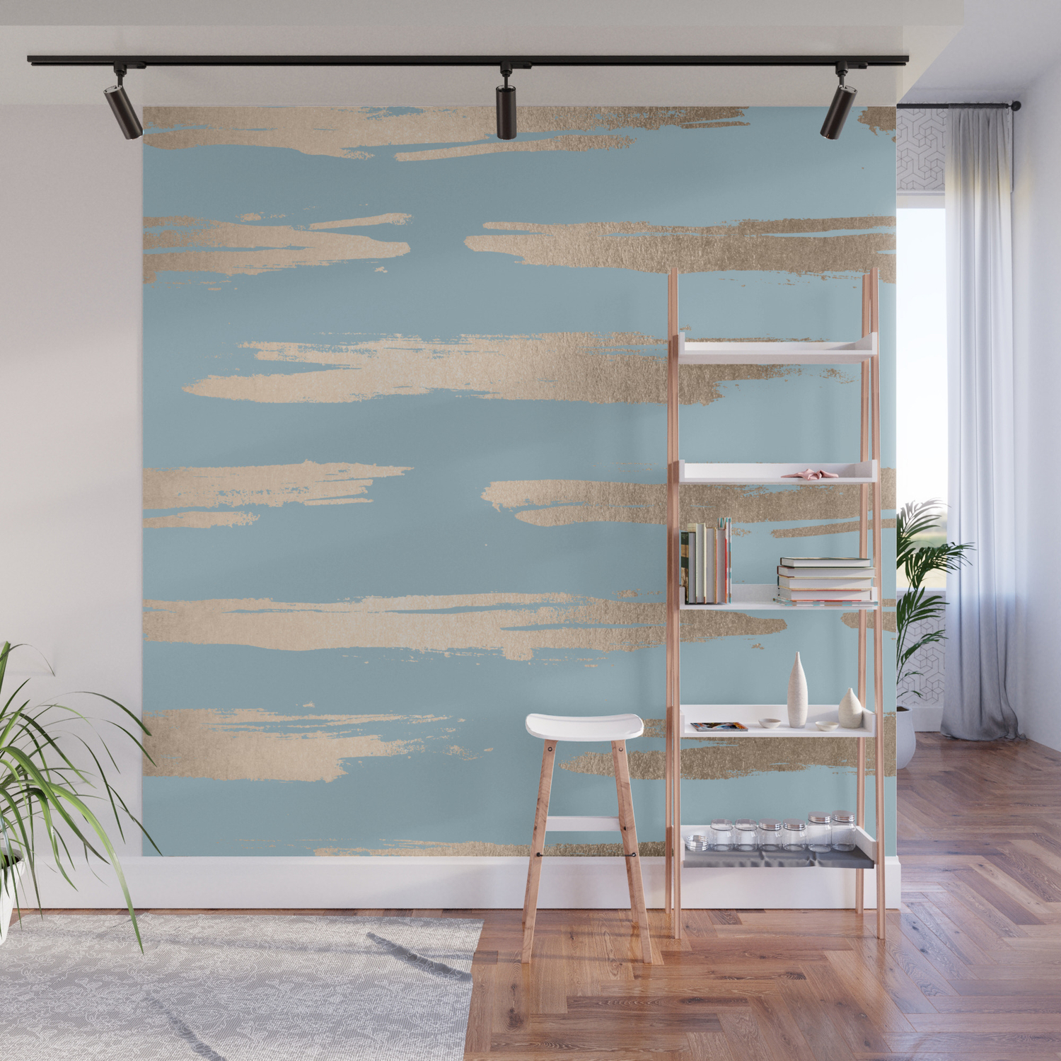 Abstract Paint Stripes Gold Tropical Ocean Sea Blue Wall Mural By