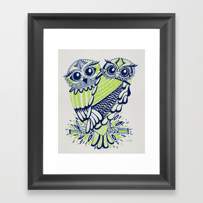 Owls – Navy & Lime Framed Art Print