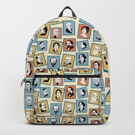 Some of great writers, poets and playwrights on stamps (in ochre, grey and terracotta) Backpack