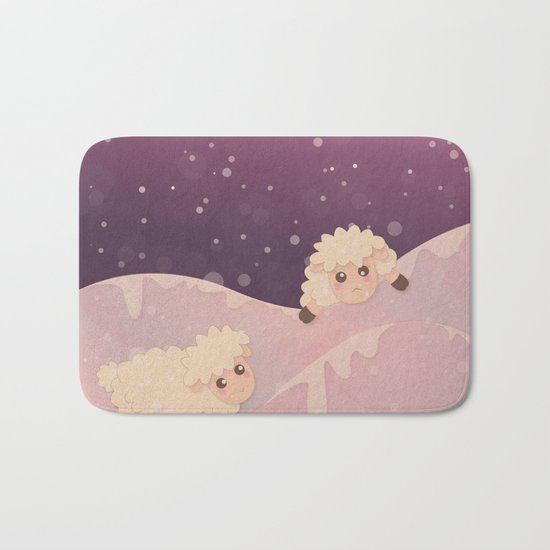 Cartoon Baby Sheep, Red Violet Snowy Bokeh Background Bath Mat