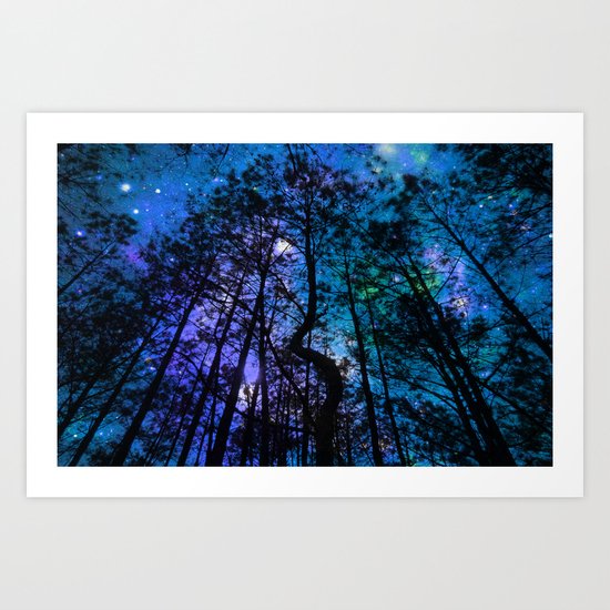 Black Trees Teal Purple Space Art Print