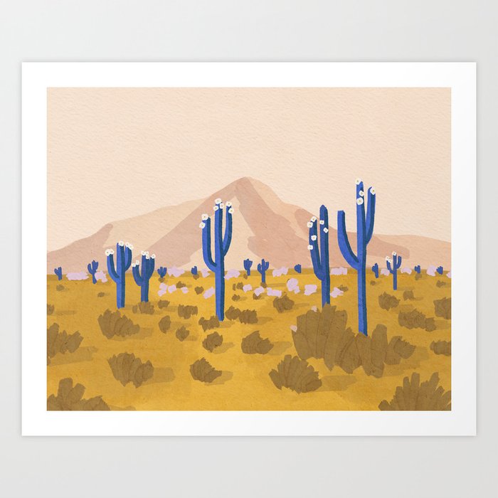 Blue Cacti Mountain Landscape Art Print