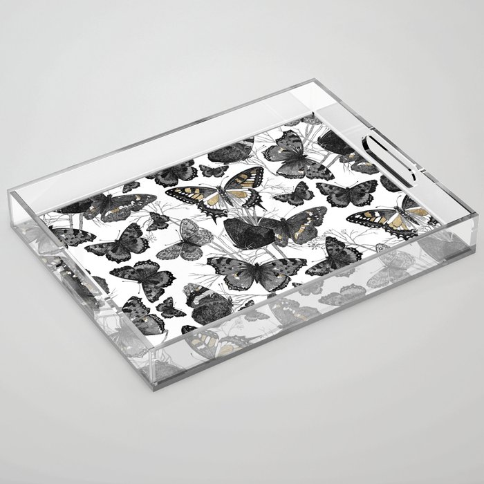 Shabby vintage black white gold butterfly pattern Acrylic Tray