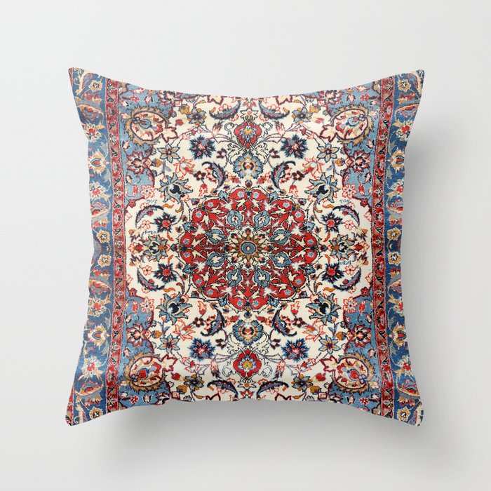 Fine Persian Isfahan Old Century Authentic Colorful Baby Blue Red Tan Vintage Rug Pattern Throw Pillow