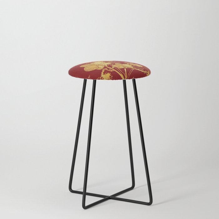 Gold & Maroon Floral Orchid Pattern Counter Stool