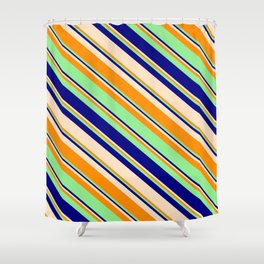 [ Thumbnail: Light Green, Blue, Bisque, and Dark Orange Colored Stripes/Lines Pattern Shower Curtain ]