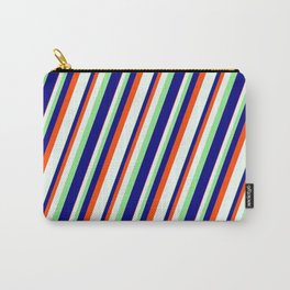 [ Thumbnail: Light Green, Blue, Red & Mint Cream Colored Stripes Pattern Carry-All Pouch ]