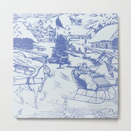 Vintage Winter Wonderland Sleigh Ride Toile in Ice Blue Metal Print | Newengland, Graphicdesign, Snowfall, Vintage, Vintagechristmas, Winter, Snowshoe, Bluetoile, Snow, Toile 