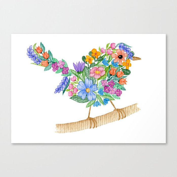 Colourful Flower Bird Watercolour Canvas Print