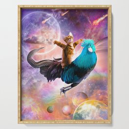Galaxy Space Cat Riding Chicken - Rainbow Serving Tray