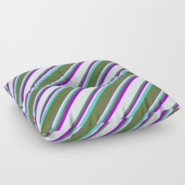 [ Thumbnail: Turquoise, Dark Olive Green, Dark Violet & Light Cyan Colored Striped/Lined Pattern Floor Pillow ]