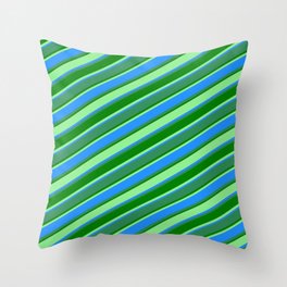 [ Thumbnail: Light Green, Blue, Sea Green, and Green Colored Stripes Pattern Throw Pillow ]