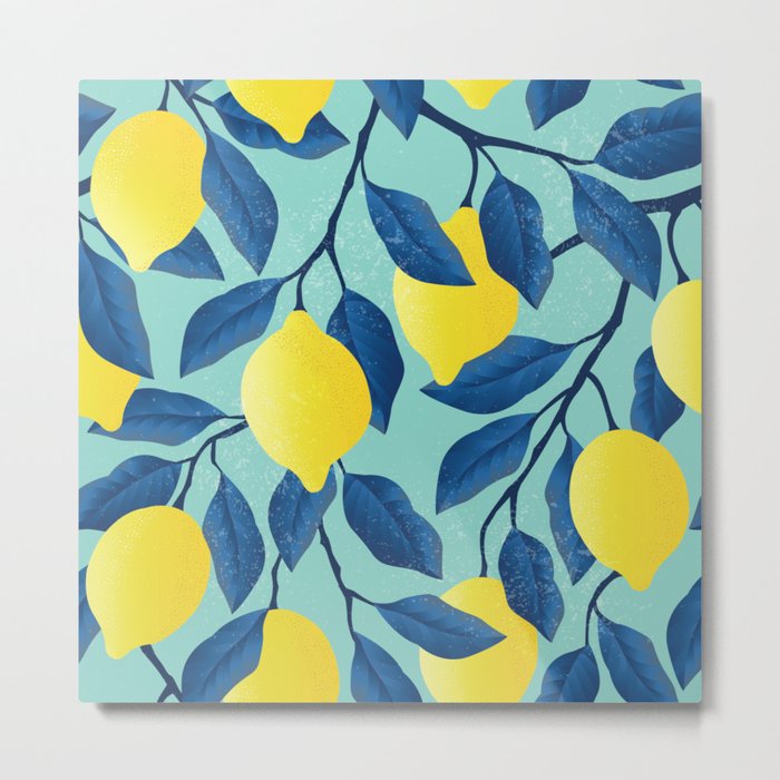 Vintage yellow lemon on the branches with leaves and blue sky hand drawn illustration pattern Metal Print